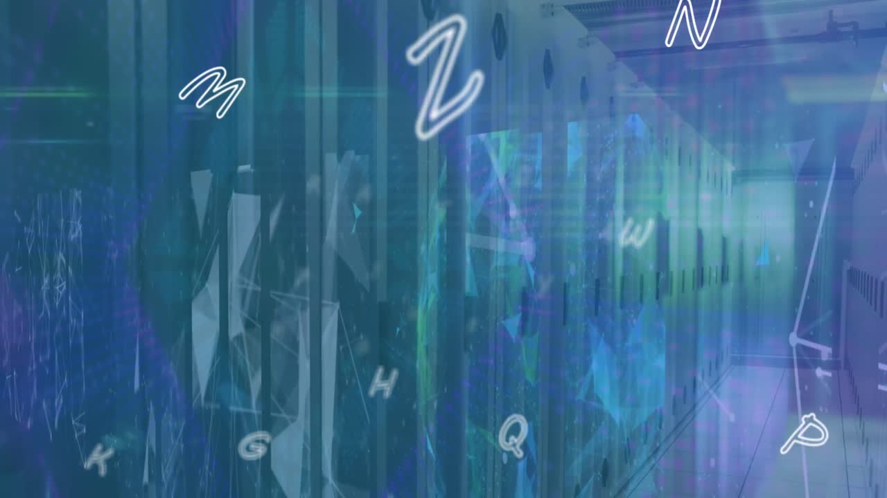 Animation of data processing and networks over computer server room