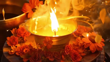 close-up of a burning candle with flowers and smoke