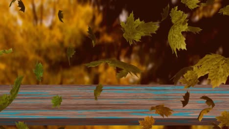 Digital-animation-of-multiple-autumn-leaves-floating-over-wooden-surface-against-forest