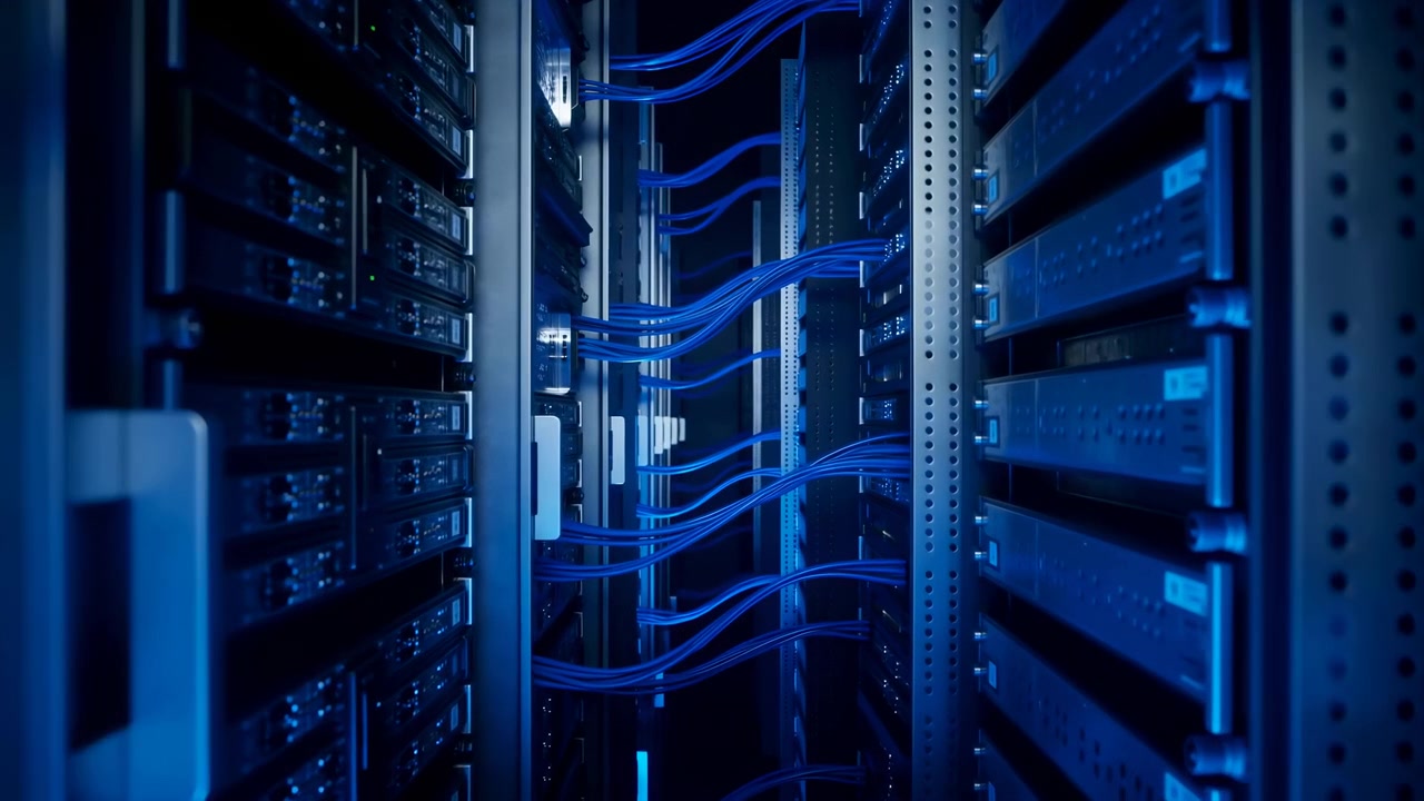 Interiør av en datasentergang med parallelle rekker av serverrack, blå nettverkskabler, svarte skap og ventilasjonspaneler som skaper sterk dybde, kjølig industrifarge og et organisert høyteknologisk miljø.