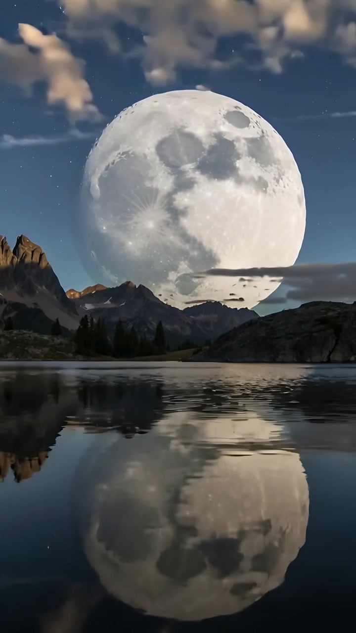 Vídeo vertical: Nuvens em movimento, brisa agitando, cruzando a lua cheia e distorcendo o espelho de um lago alpino