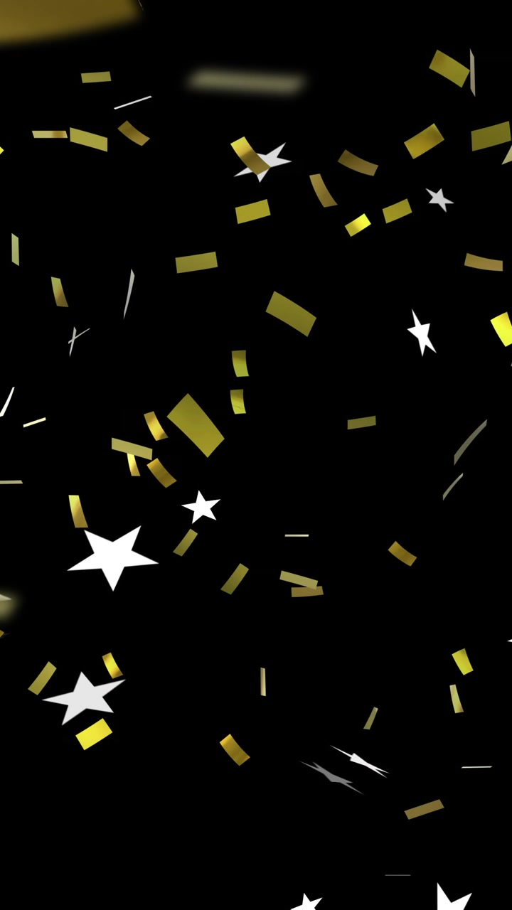 Bintang emas dan putih dengan animasi confetti jatuh di atas latar belakang hitam
