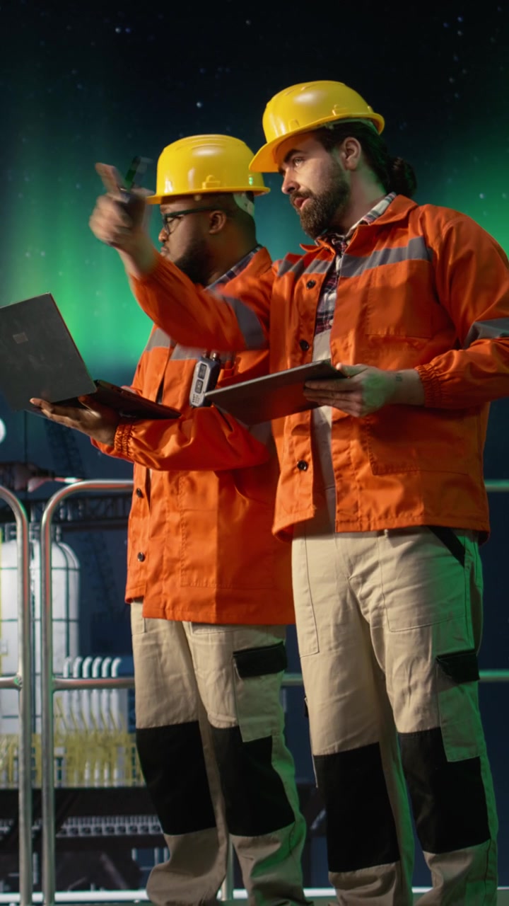 Vertical video Drilling barge engineering team men analyze oil crisis logistics with laptop