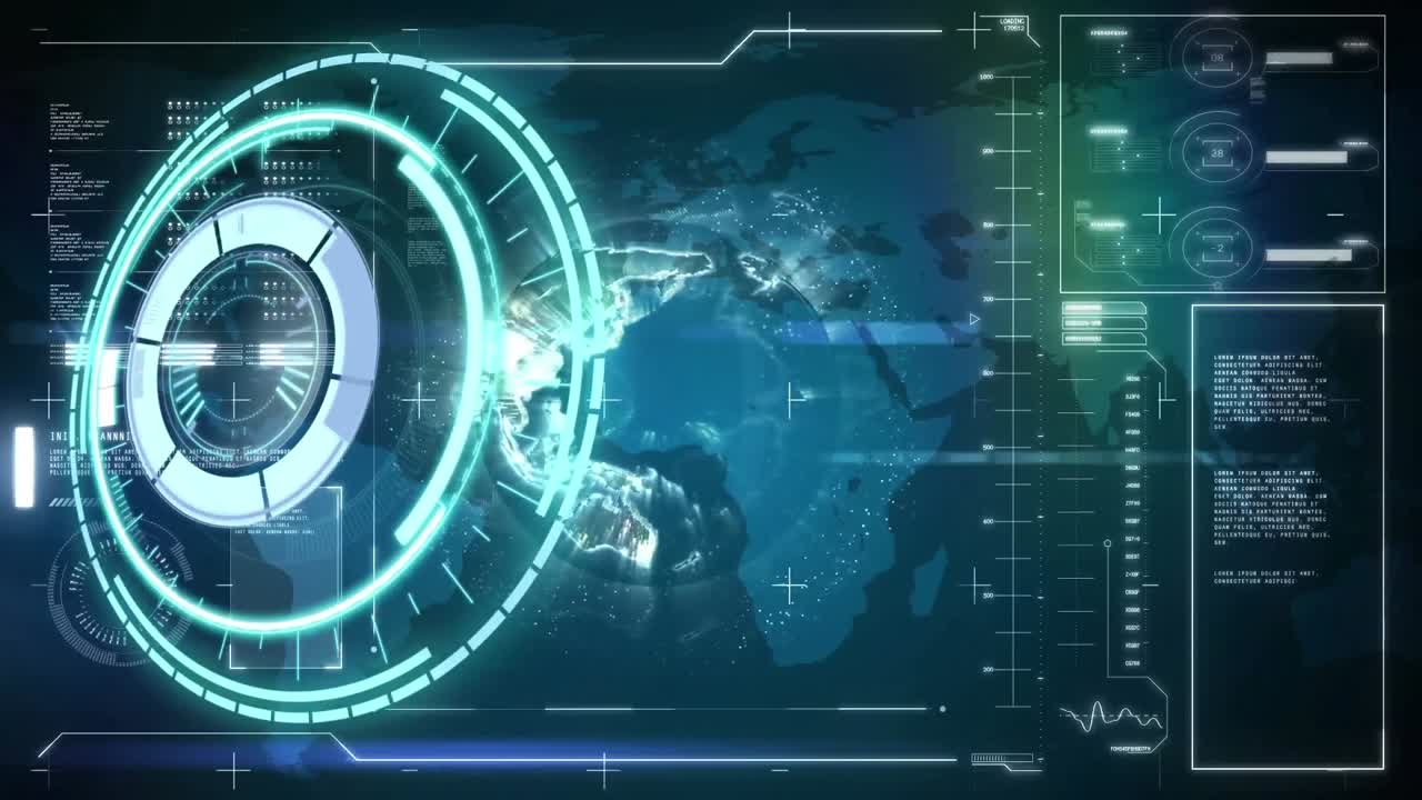 анимация сканирования и обработки данных на синем фоне