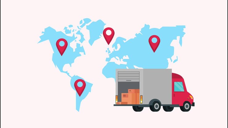 delivery logistic service with truck and pins location in earth maps