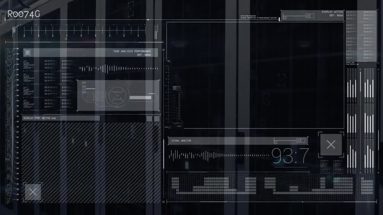 Animation of data processing on black digital screen