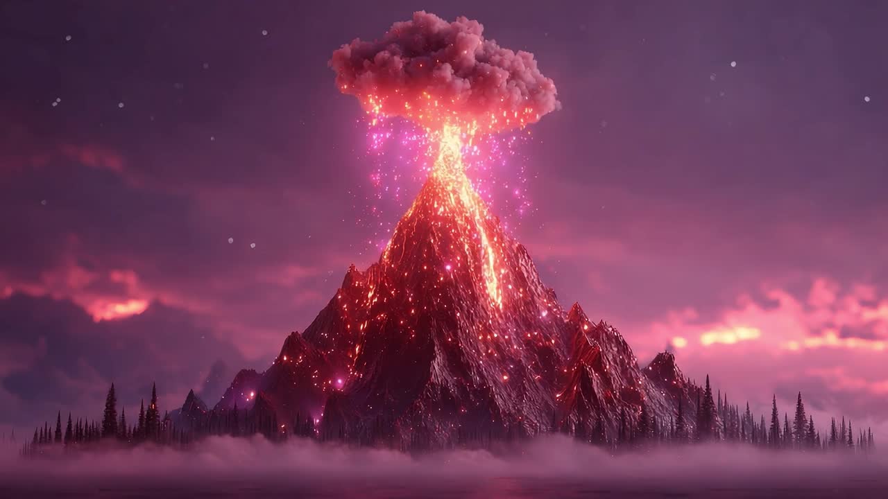 A Captivating Display of Nature's Power: The Eruption of a Volcanic Mountain Surrounded by Dramatic Skies and Luminous Ash Clouds