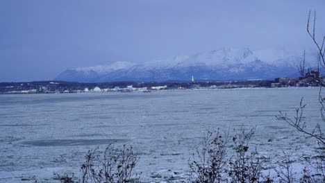 icey river view of anchorage alaska in the winter with a mountain in the background