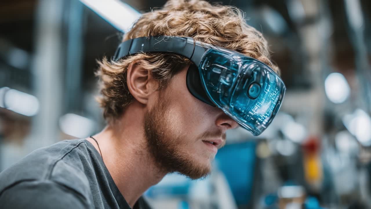 Exploring Virtual Reality: A Close-Up of a Young Man Engaged in Immersive Technology Training in a Modern Industrial Environment