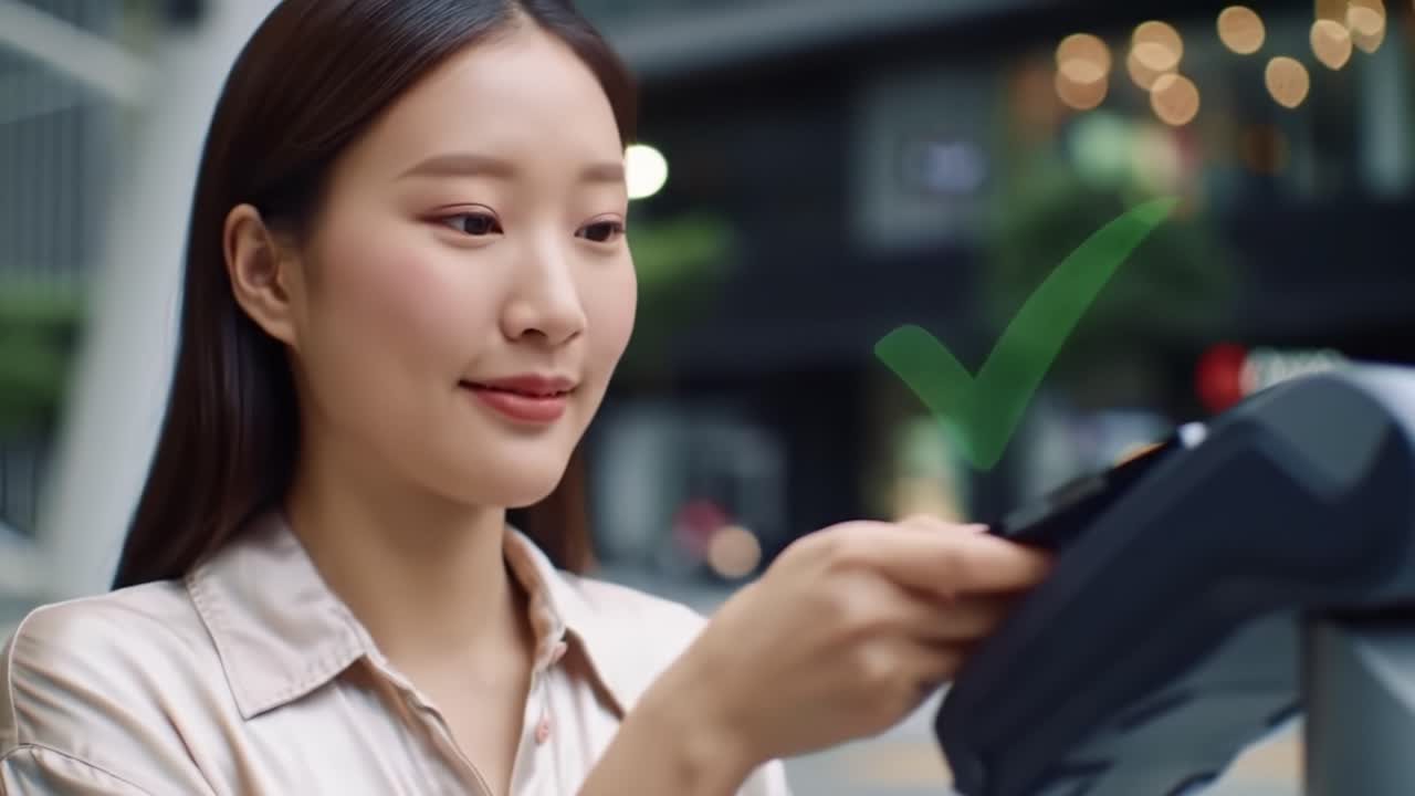 A Young Woman Using a Mobile Payment System to Complete a Transaction Successfully, Demonstrating the Convenience of Modern Technology in Everyday Life