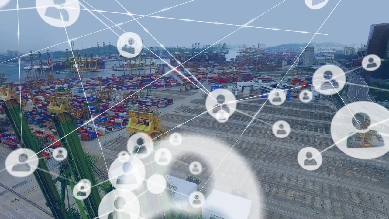 Aerial View of Busy Shipping Port with Digital Network Overlay