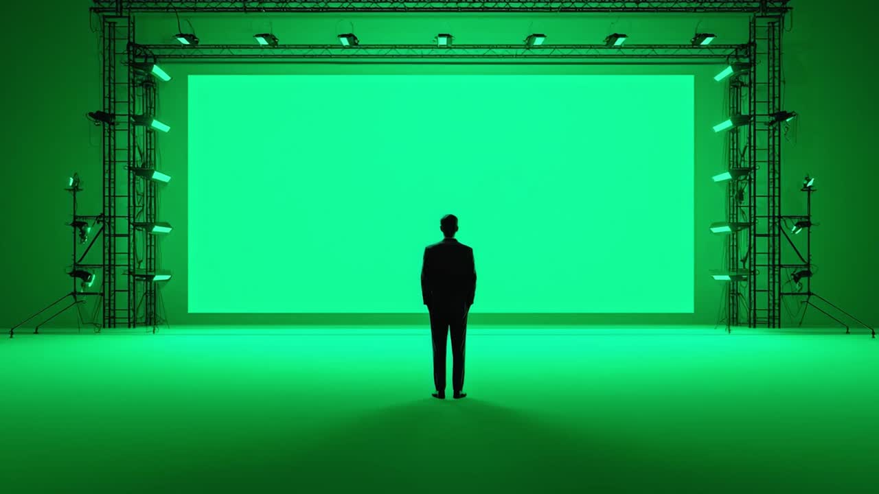 Uomo in giacca e cravatta davanti a uno schermo verde
