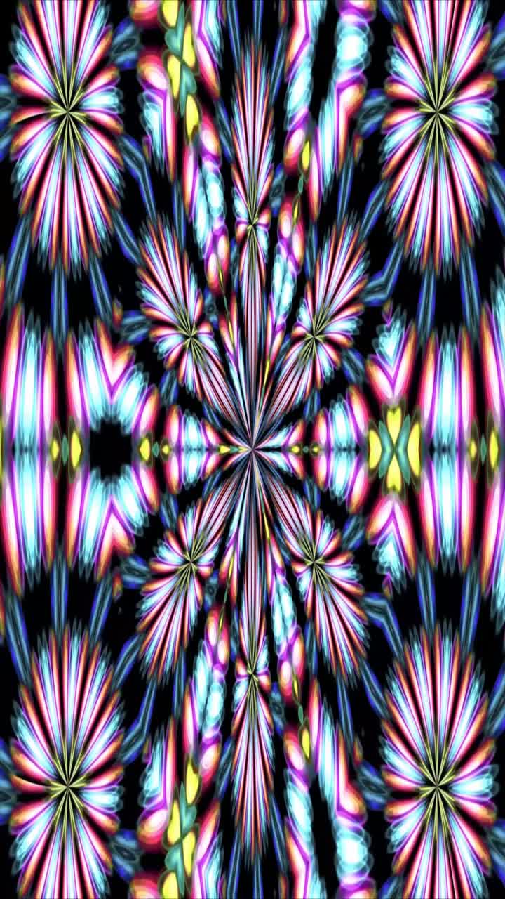 Dynamický symetrický kaleidoskopický vzor s živými barvami.