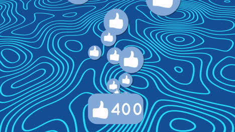 animation of digital social media icons over lines on blue background