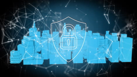 lock and shield security animation over blue cityscape with network connections