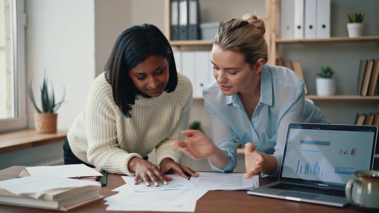 Vrouwen in crèmekleurige trui en blauwe blouse controleren grafieken op hun laptop aan een kantoorbureau en merken een fout op.