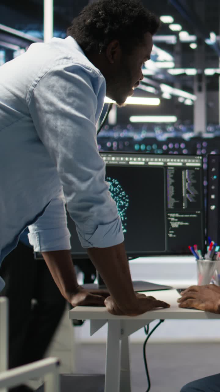 Vertical Video Server Hub Manager Checking Ai Data Analytics Graphs, Congratulating Worker