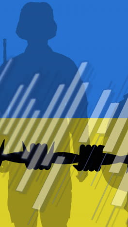 animation of fence over soldiers and flag of ukraine