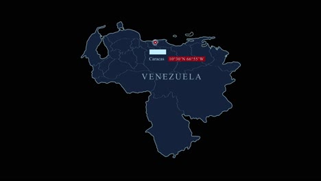 blue stylized venezuela map with caracas capital city and geographic coordinates on black background