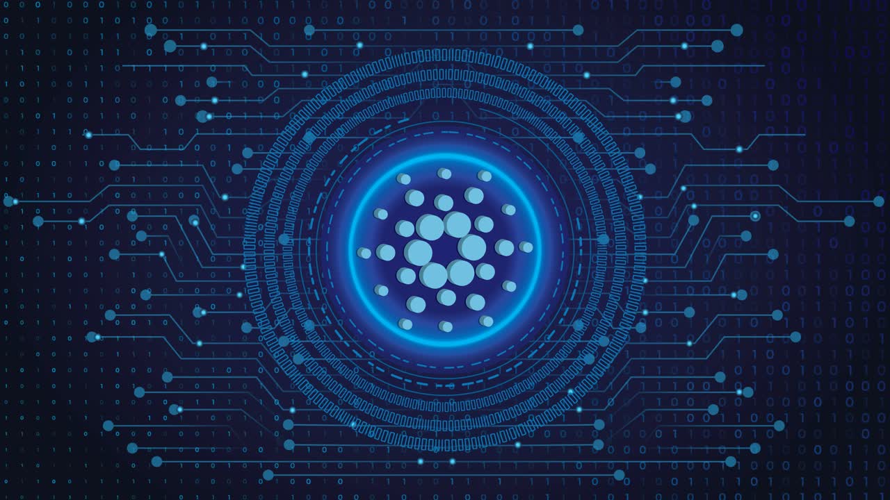 cardano crypto blockchain cripto moneda cifrado digital, intercambio de dinero digital, conexiones de red global de tecnología en un concepto de fondo azul