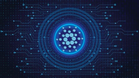 Cardano-Crypto-Blockchain-Cripto-Moneda-Cifrado-Digital,-Intercambio-De-Dinero-Digital,-Conexiones-De-Red-Global-De-Tecnología-En-Un-Concepto-De-Fondo-Azul