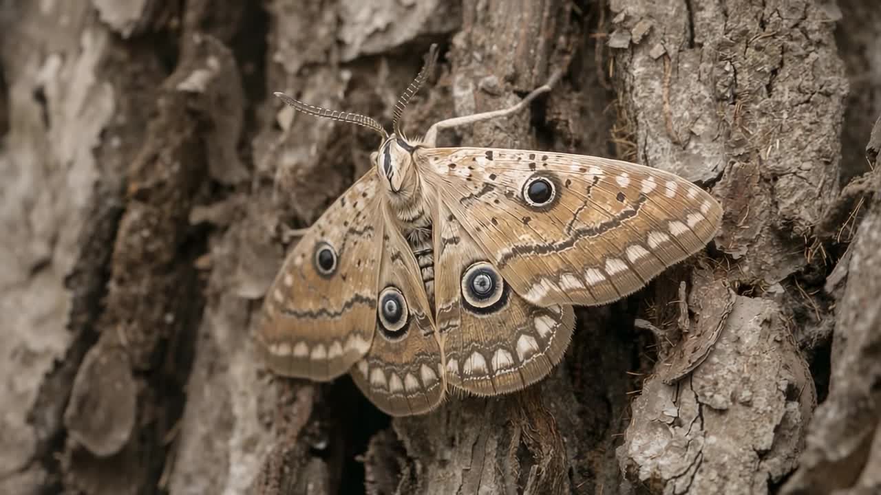Fladderende mot met vleugels met oogvlekken en geveerde antennes die zich afzet tegen verticaal boomschors en een spleet achterlaat