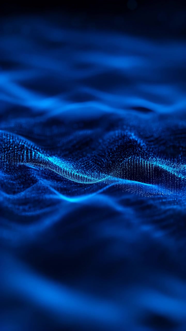 Abstract Blue Particle Wave Data Field, Undulating Mesh Of Luminous Points, Slow Motion Flow Resembling