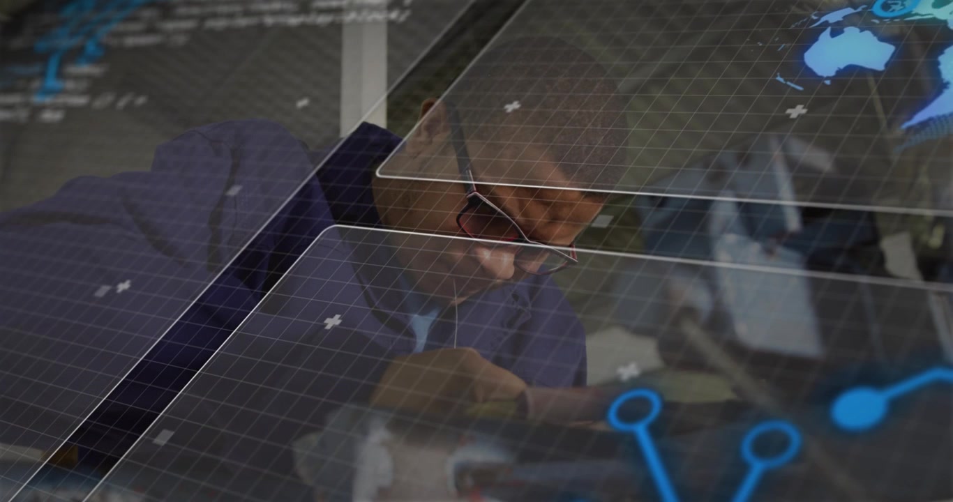Man leaning over desk and activating hologram code panels and network nodes for tech insight