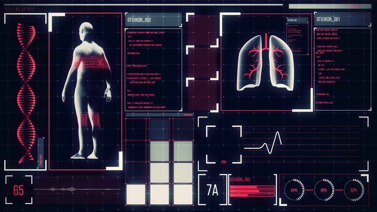 Animation of the human body analyzed on a screen, lungs and heart beat analyzed, medical information