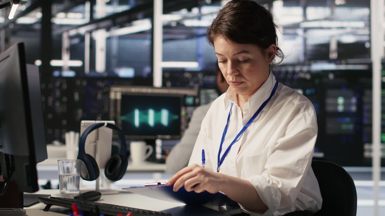 Vertical video Server room admin holding clipboard, following procedures