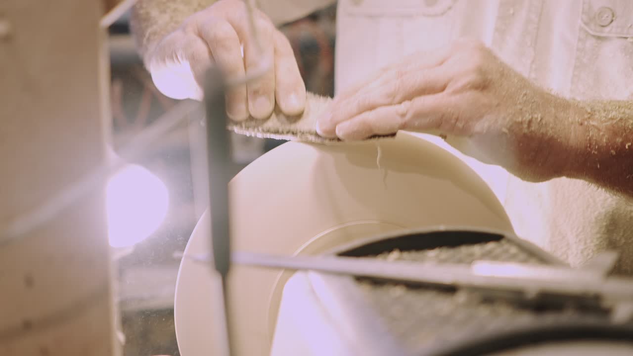 목수 가 목수 작업장 에서 나무 로 만든 공백 을 가공 하는 사람