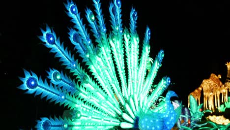 un ángulo de perfil de un pavo real animatrónico iluminado mientras abre sus plumas revelando una hermosa luz verde y azul