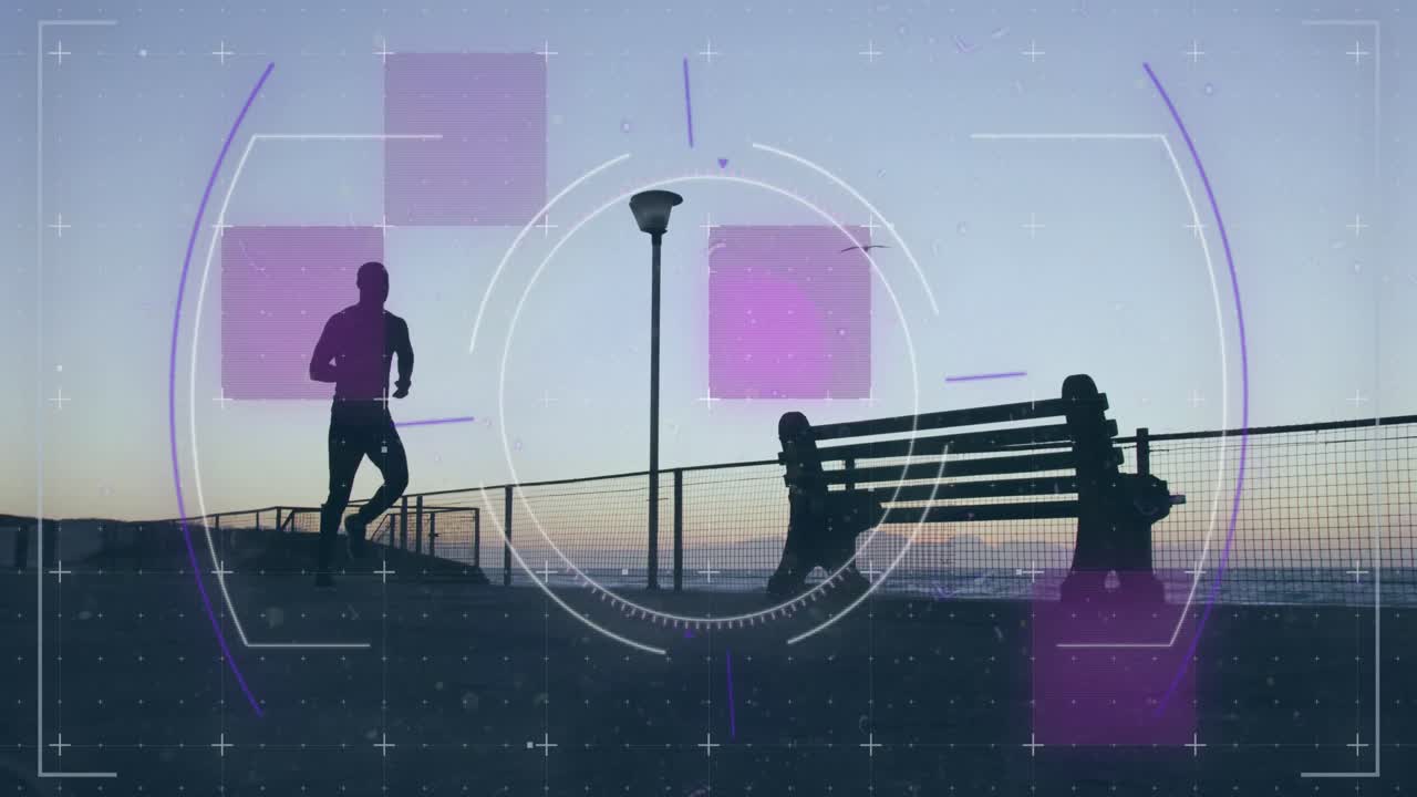 Animation of scope scanning over african american man running outdoors