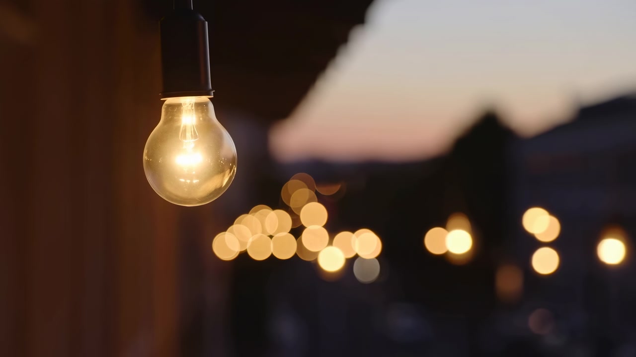 Una lampadina trasparente illuminata pende sotto un bordo scuro, mentre file di luci calde sfocate brillano dietro di essa, con tenui toni del cielo serale e strutture in ombra in lontananza