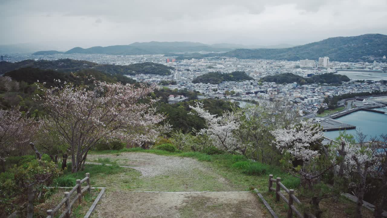 Scenic view of Saikazaki, Japan with cherry blossoms and cityscape in the background