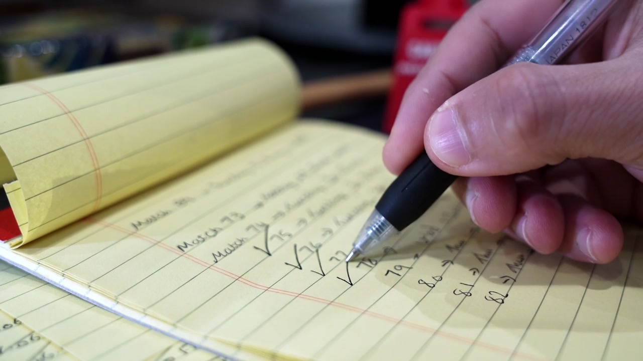 Close-up of a person's hand using a black pen to check off handwritten items on a yellow legal notepad. The detailed list of matches rests on an indoor desk with shallow depth of field.