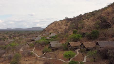 aerial drone shot of a luxury sangaiwe tented lodge in tarangire national park in tanzania in africa