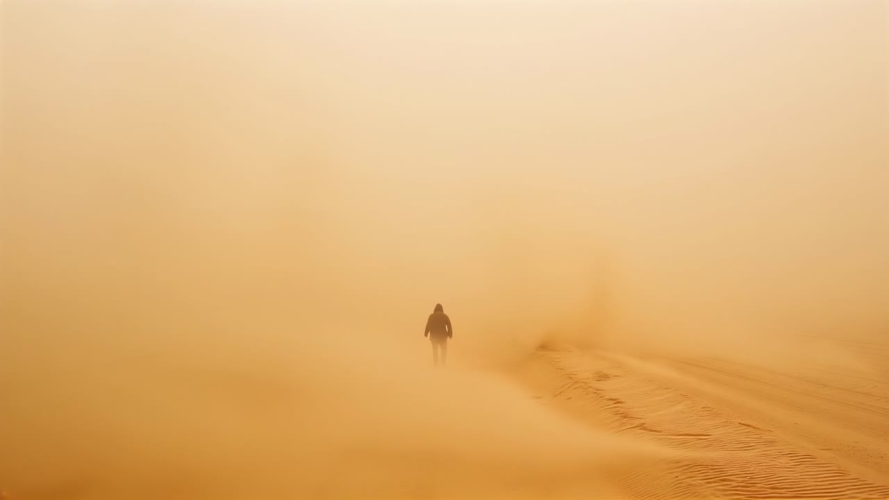 Blurry silhouette of a person walking in a sandstorm in the desert, creating a dramatic and mysterious atmosphere with low visibility and strong wind