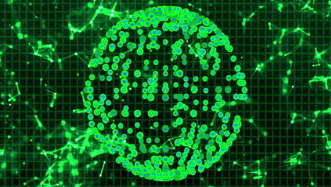 green digital globe with binary code animation over network connections on grid background