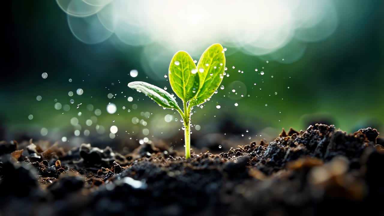Close-up, low-angle shot of a sprouting plant with water droplets, creating a fresh, vibrant nature