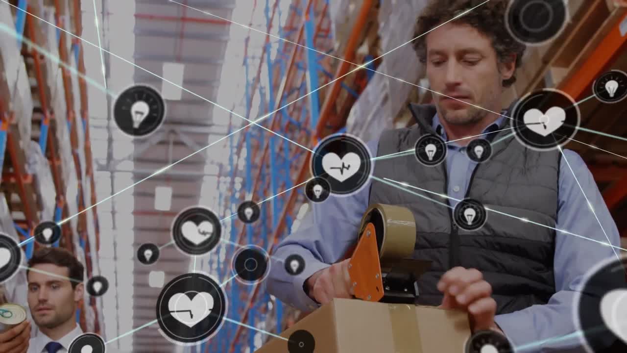 animación de la red de conexiones con iconos sobre los hombres que trabajan en el almacén