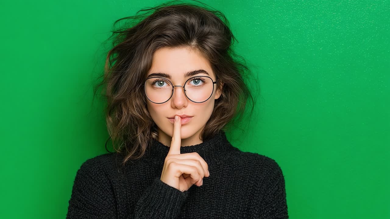 A Young Woman with Glasses Demonstrates a Gesture of Silence Against a Vibrant Green Background, Evoking Intrigue and Curiosity in a Captivating Portrait
