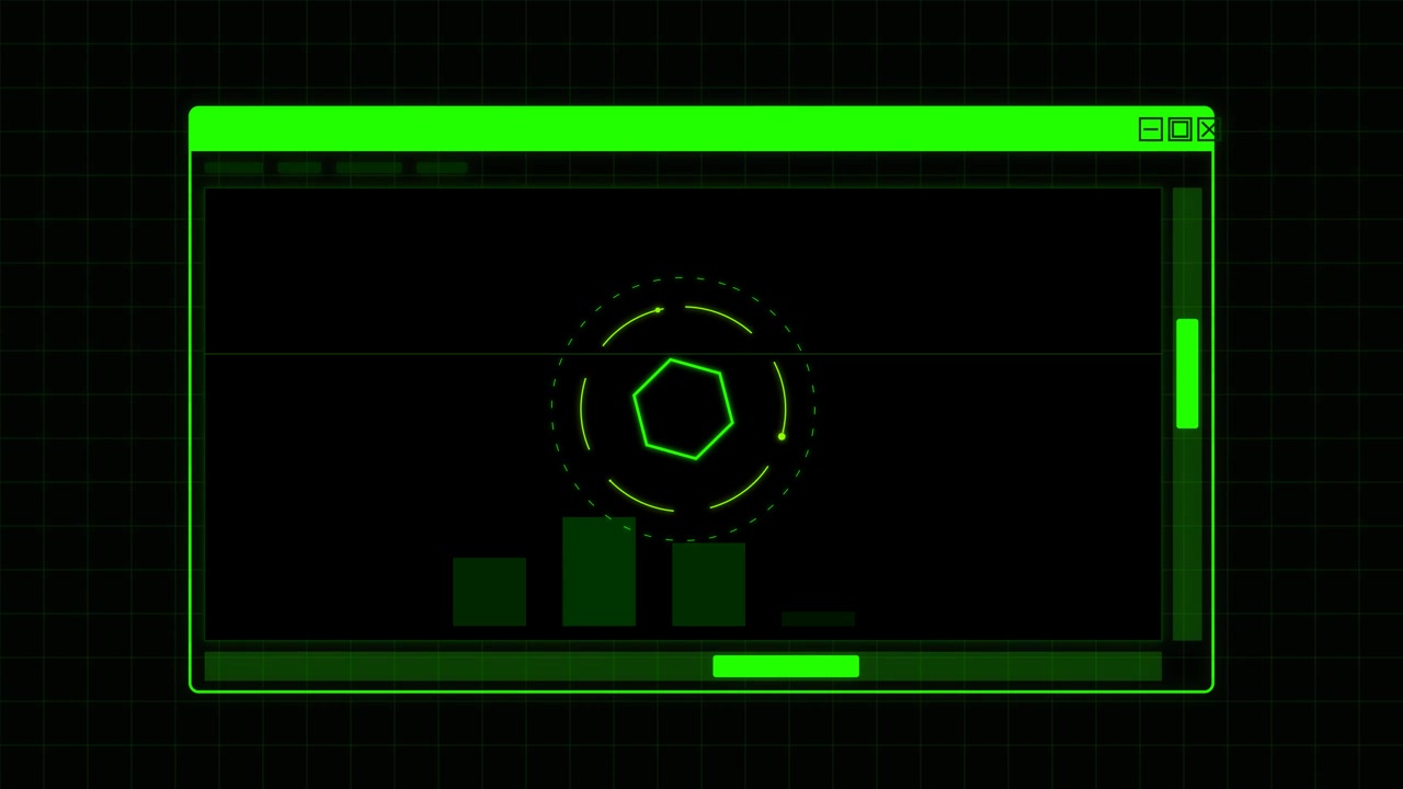 Digital Green HUD Interface With Rotating Hexagon and Data Graphs