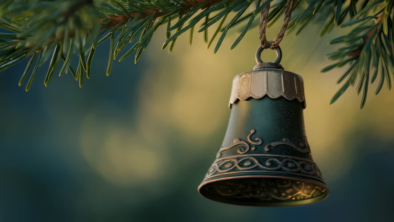 Christmas atmosphere with a green bell with gold decorations hanging and swinging slightly on a fir branch, isolated on a blurred background