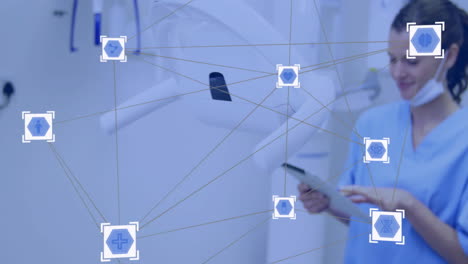 medical network and data processing animation over healthcare professional using tablet