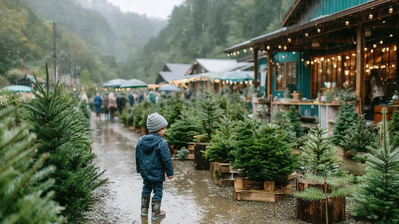 A Young Child Walks Through a Rain-soaked Christmas Tree Market, Surrounded by Evergreen Trees and Holiday Decor Under a Drizzly Sky
