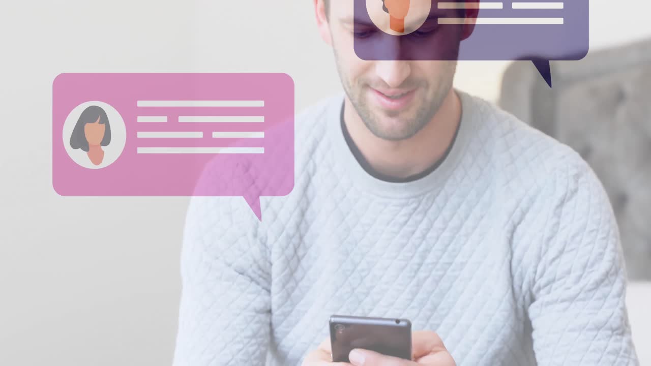 animación de iconos de redes sociales con burbujas de habla sobre un hombre caucásico usando un teléfono inteligente.