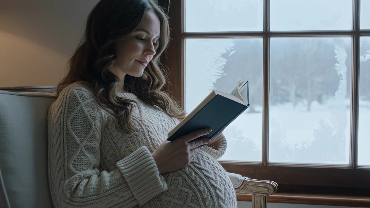 Femme enceinte lisant un livre de poche à la maison pendant une chute de neige près de la fenêtre, vêtue d'un pull torsadé