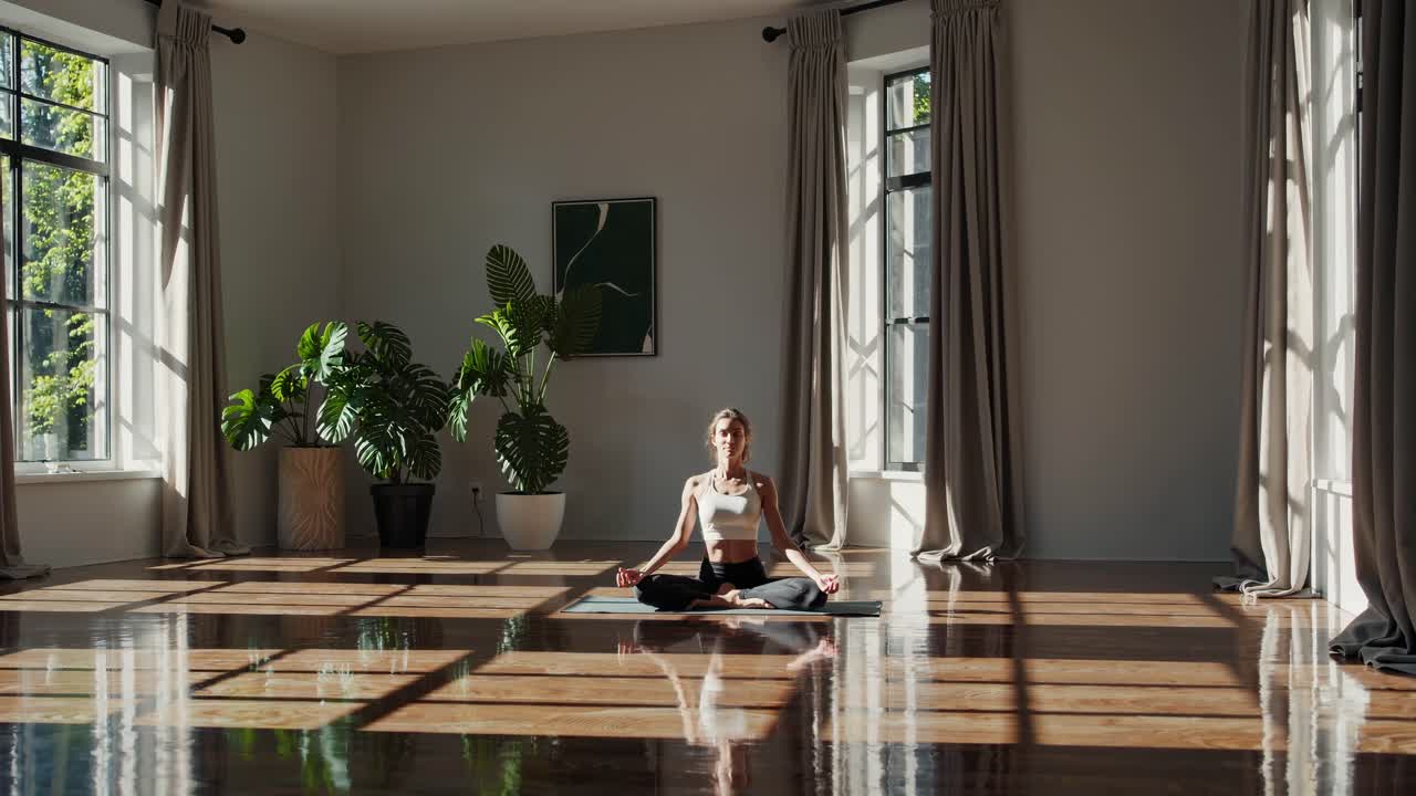 Jovem meditando na posição de lótus em sala iluminada com luz solar