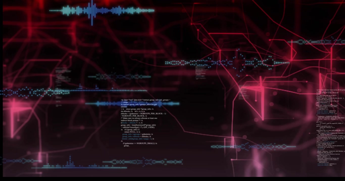 Backdrop shifting red lines expanding blue bars sliding code scrolling and nodes clustering into UI